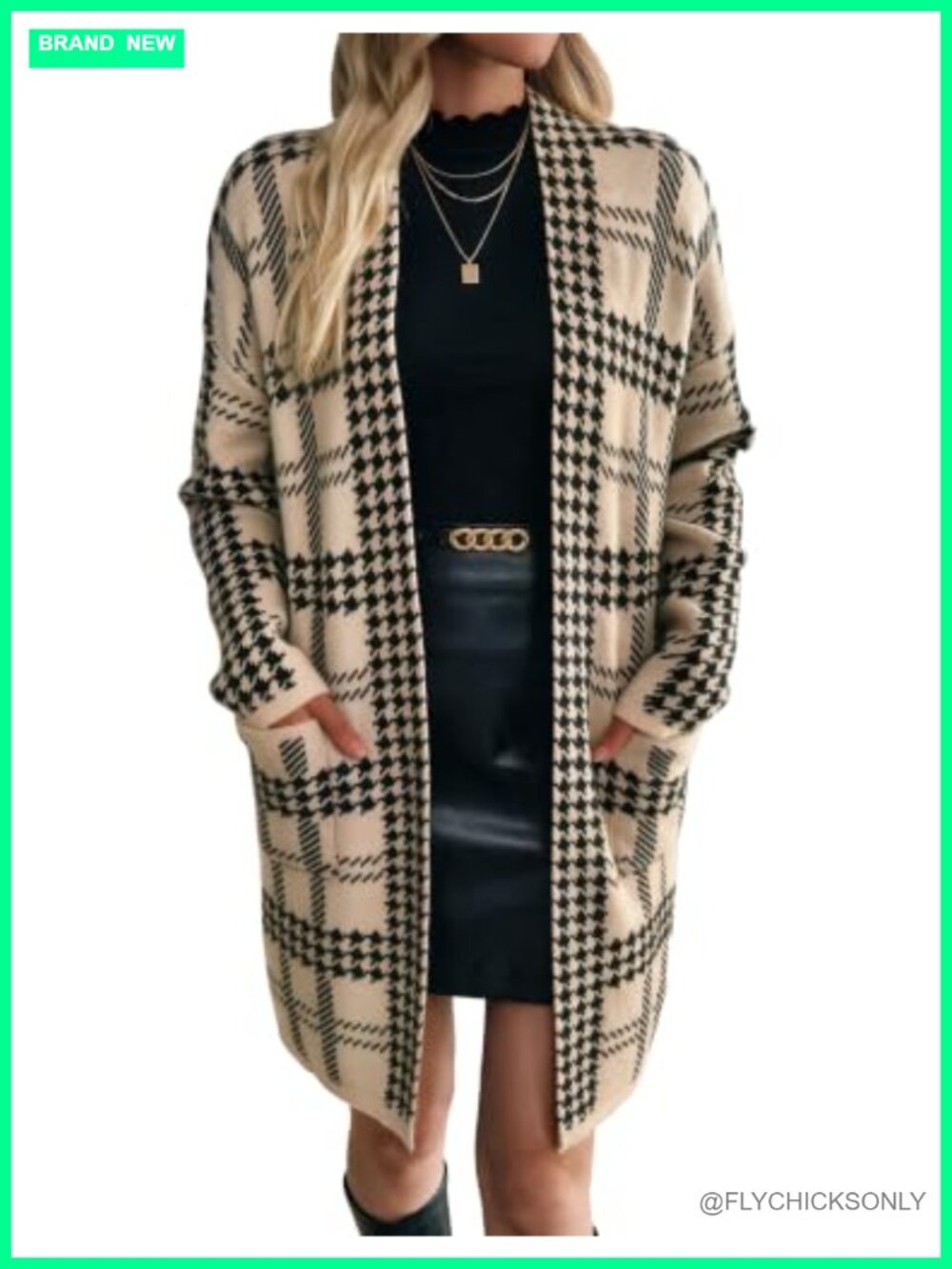 Longline Cardigan with Houndstooth Plaid Pattern